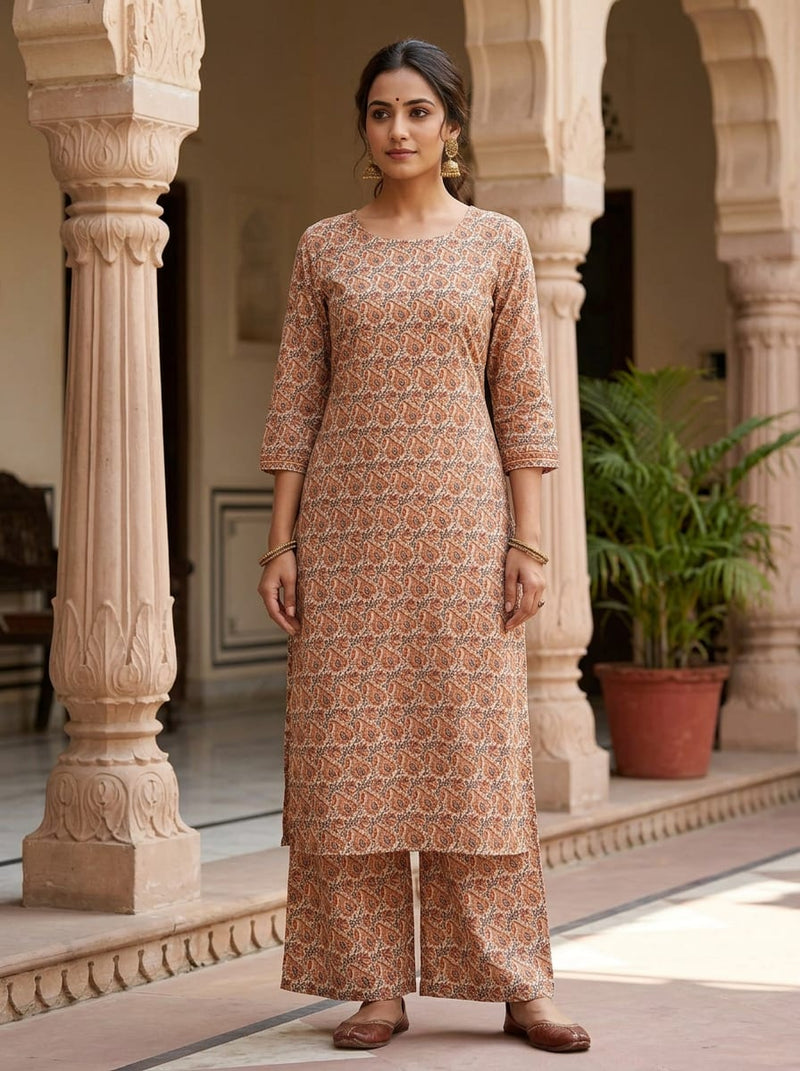 Cream Ethnic Paisley and Floral Block Print Pure Cotton Digital Printed Fabric