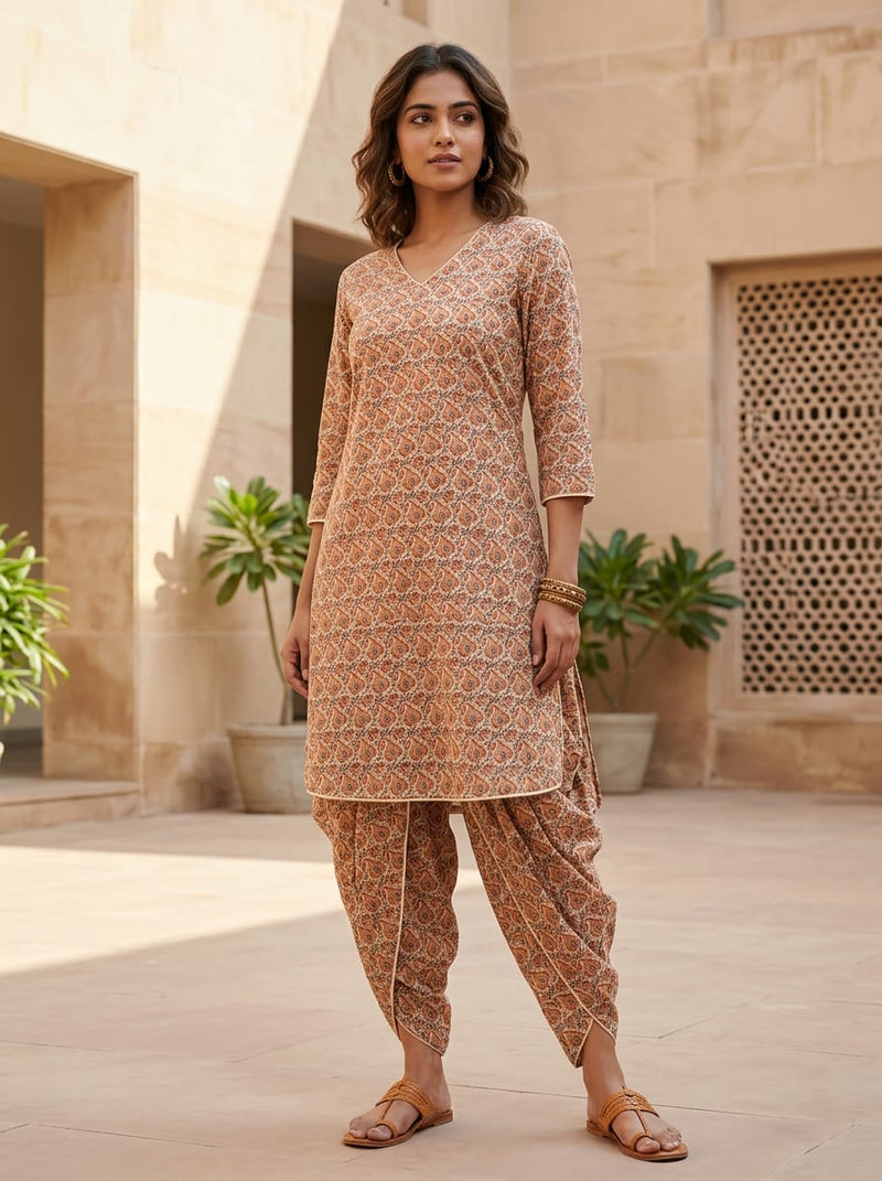 Cream Ethnic Paisley and Floral Block Print Pure Cotton Digital Printed Fabric