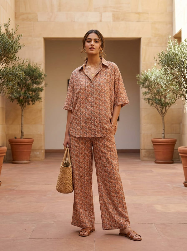 Cream Ethnic Paisley and Floral Block Print Pure Cotton Digital Printed Fabric - Co-ord Set with Wide Leg Pants Lookbook - PCO-0-MA02032-108 - alternate view