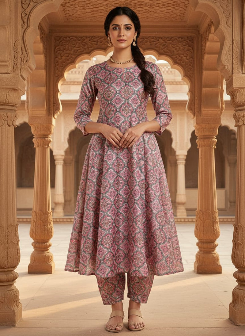 Pink Ethnic Damask Tile Pattern Kora Silk Digital Printed Fabric