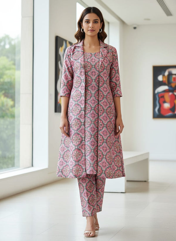 Decorative Morden Lifestyle Medallion Digital Printed Fabric - Kora Silk - Jacket Kurta with Straight Pants Lookbook - KS-0-MA02064-110 - alternate view