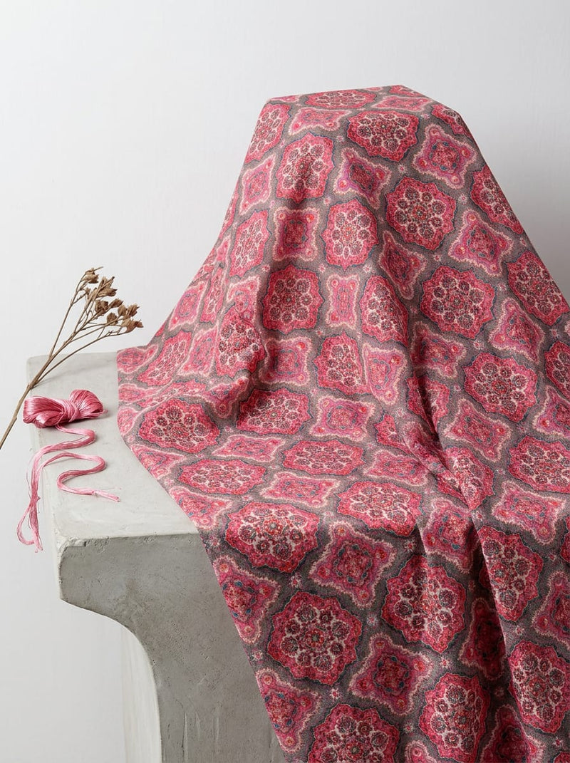 Pink Ethnic Damask Tile Pattern Pure Cotton Digital Printed Fabric