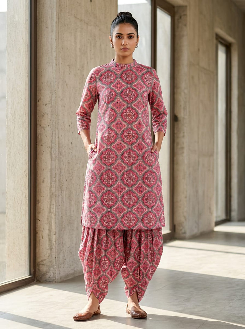 Pink Ethnic Damask Tile Pattern Pure Cotton Digital Printed Fabric