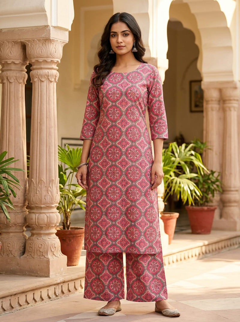 Pink Ethnic Damask Tile Pattern Pure Cotton Digital Printed Fabric