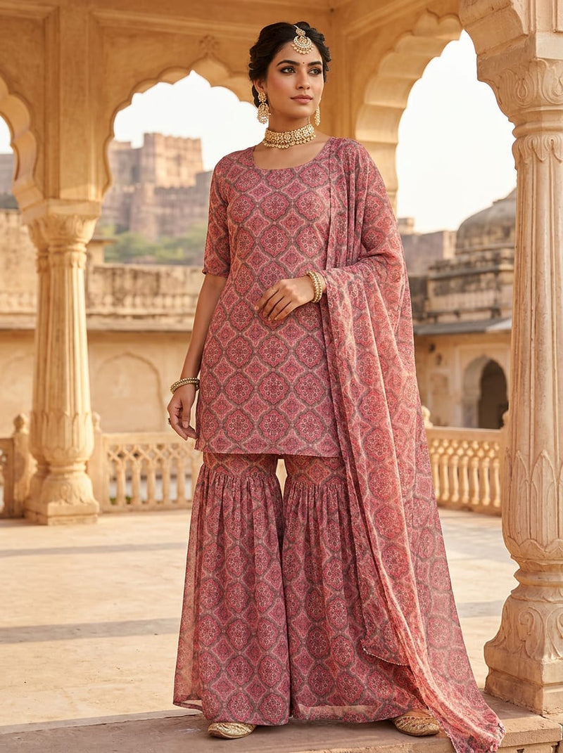 Pink Ethnic Medallion Tile Print Pure Georgette Digital Printed Fabric