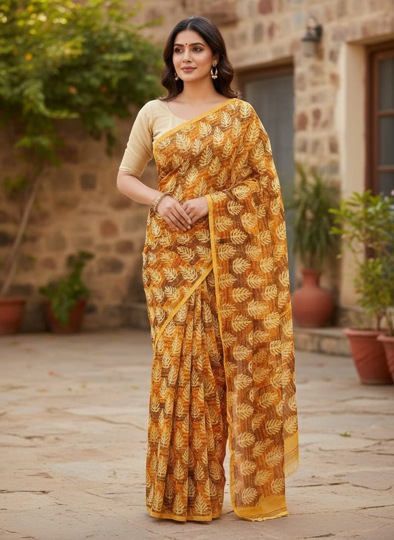 Tiny Walnut Yellow Leaves Digital Printed Fabric - Kora Silk