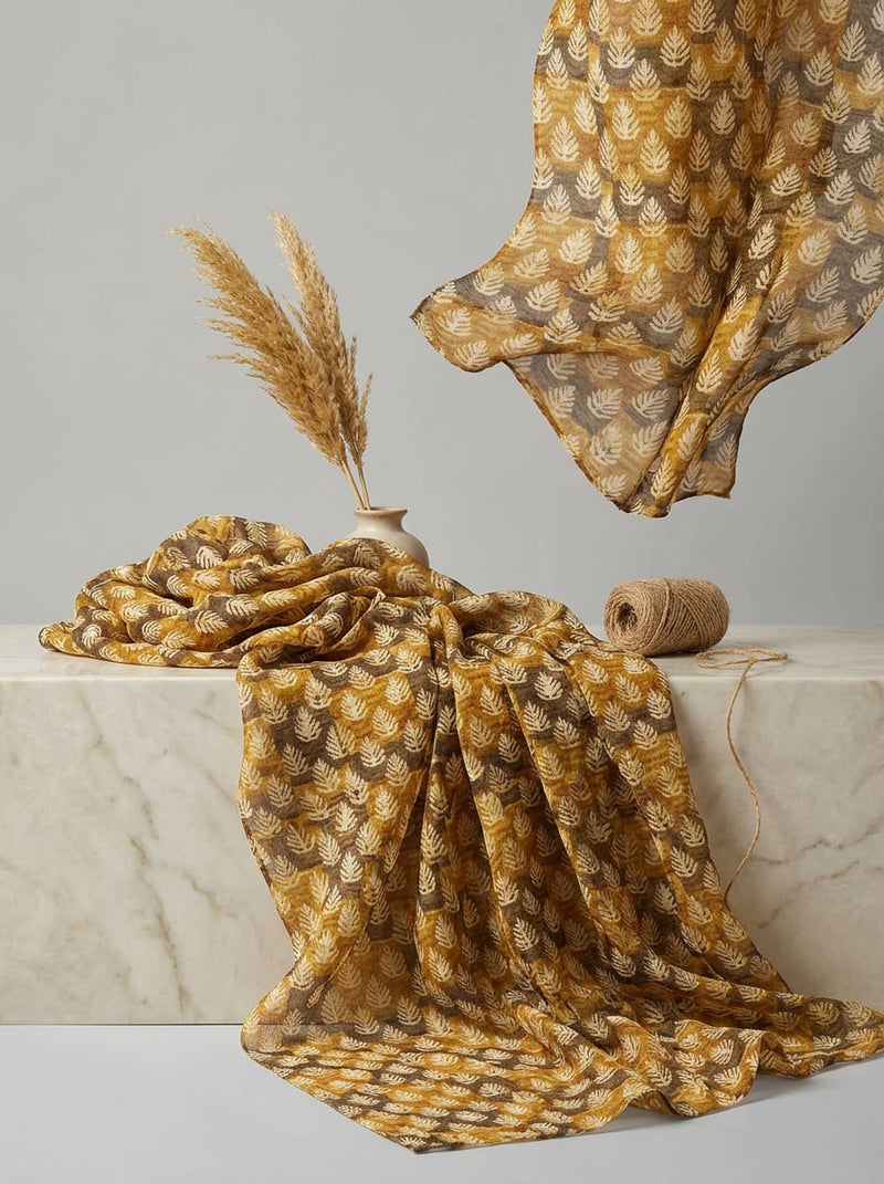 Yellow Botanical Leaf Stripe Pattern Weightless Digital Printed Fabric