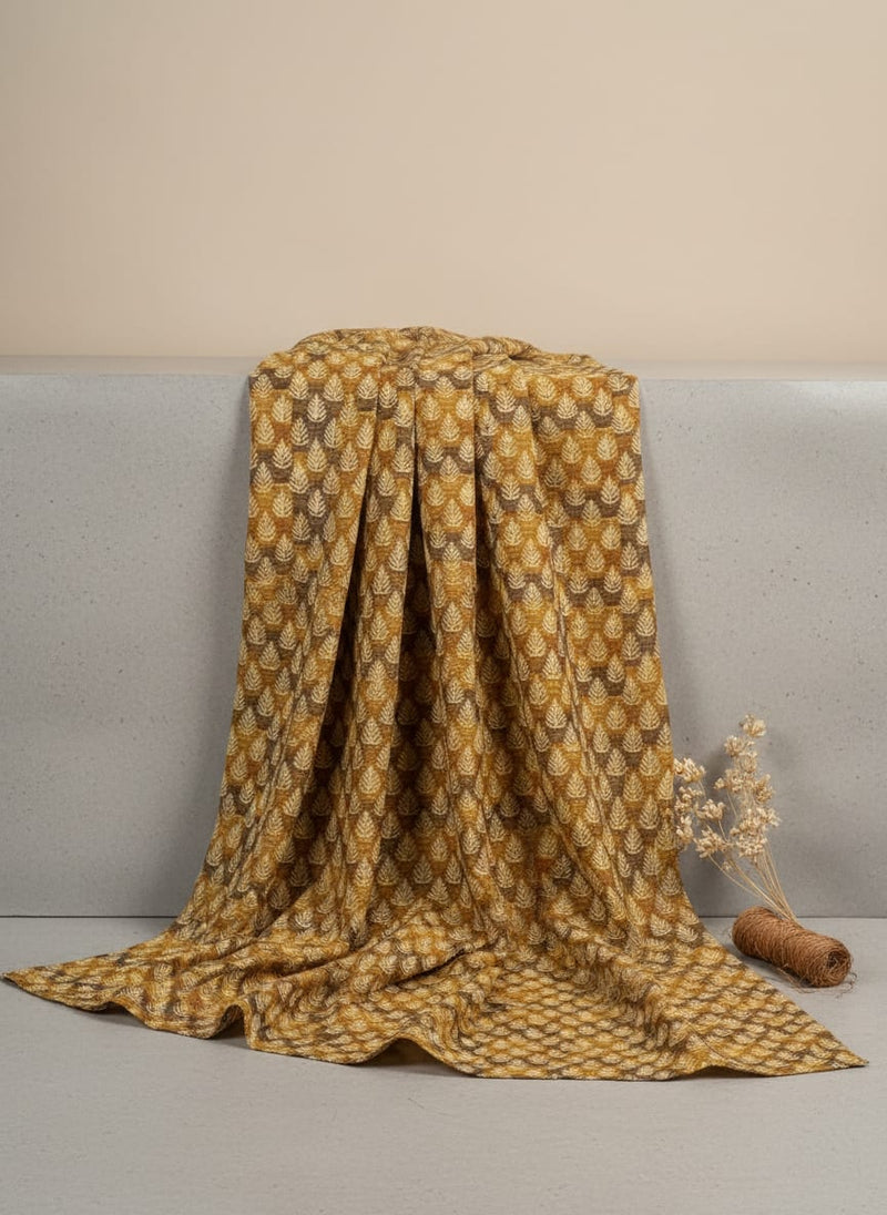 Yellow Ethnic Leaf Stripe Pattern Rayon Digital Printed Fabric