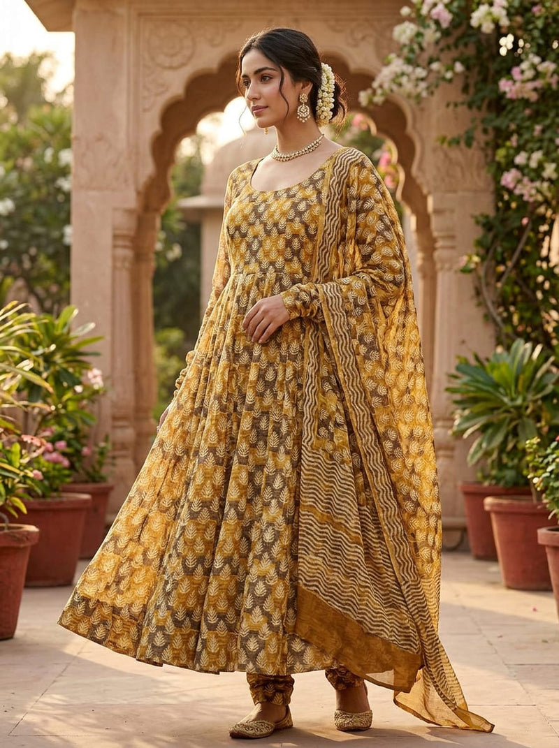 Yellow Ethnic Leaf Stripe Pattern Rayon Digital Printed Fabric