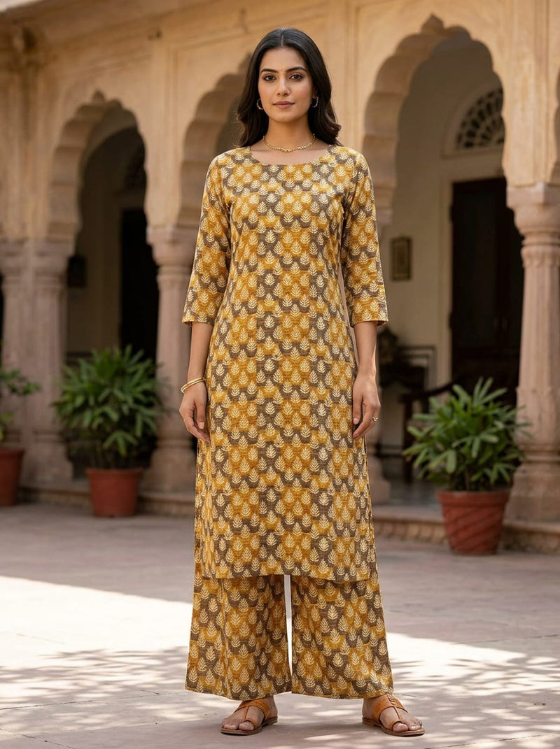 Yellow Ethnic Leaf Stripe Pattern Rayon Digital Printed Fabric