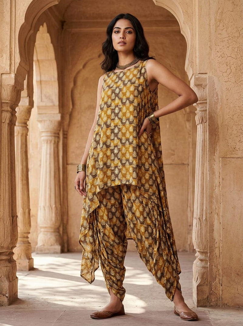 Yellow Ethnic Leaf Stripe Pattern Rayon Digital Printed Fabric
