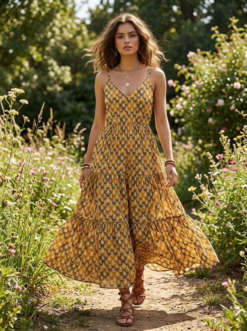 Yellow Ethnic Leaf Stripe Pattern Rayon Digital Printed Fabric