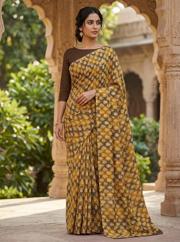 Yellow Ethnic Leaf Stripe Pattern Rayon Digital Printed Fabric - Saree Lookbook - RA-0-MA2137-110 - alternate view