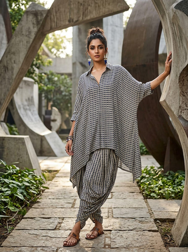 Navy Small Geometric Ethnic Pattern Rayon Digital Printed Fabric - Asymmetric Tunic with Dhoti Pants Lookbook - RA-0-MA02241-110 - alternate view