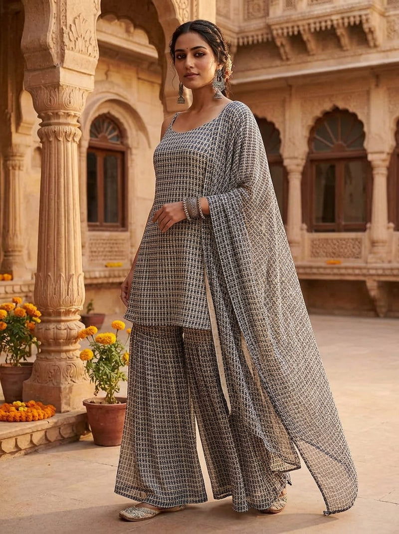 Navy Geometric Ethnic Motif Pure Georgette Digital Printed Fabric