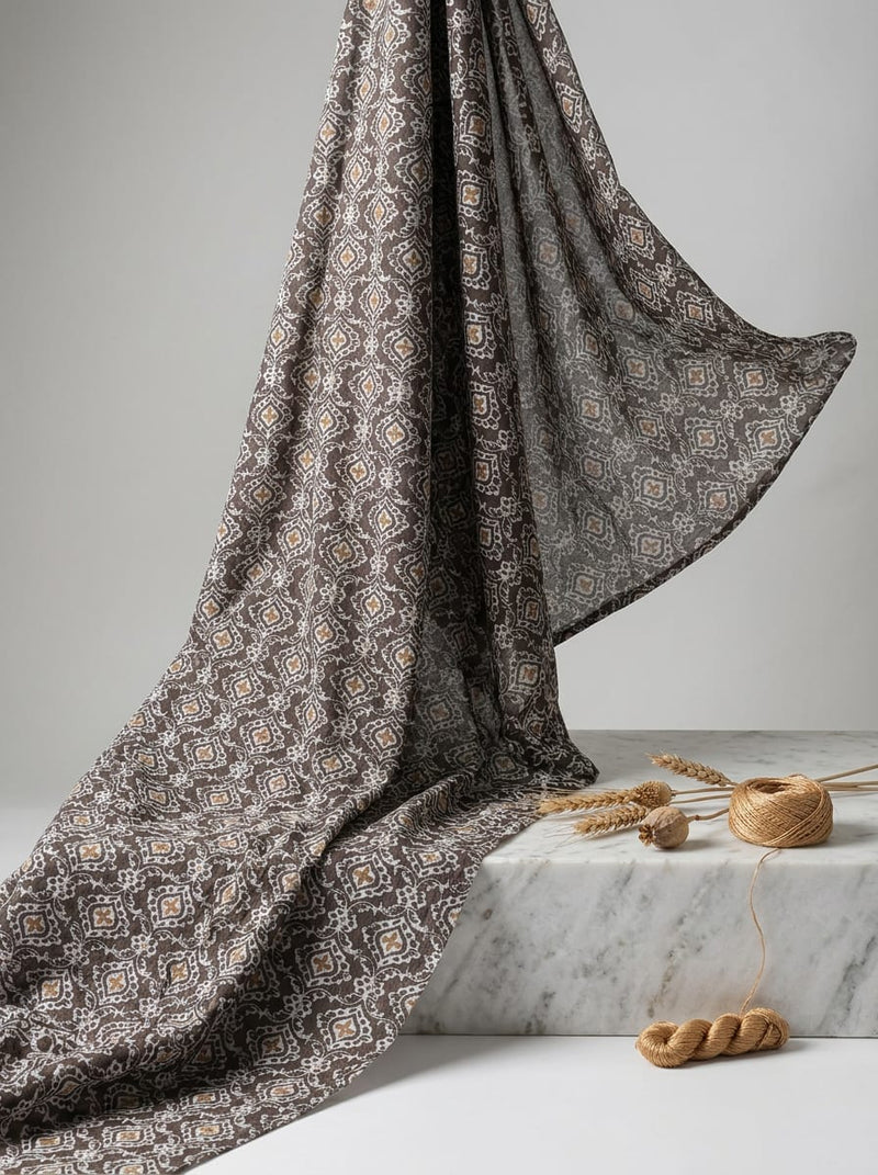 Brown Ethnic Damask Pattern Pure Cotton Digital Printed Fabric
