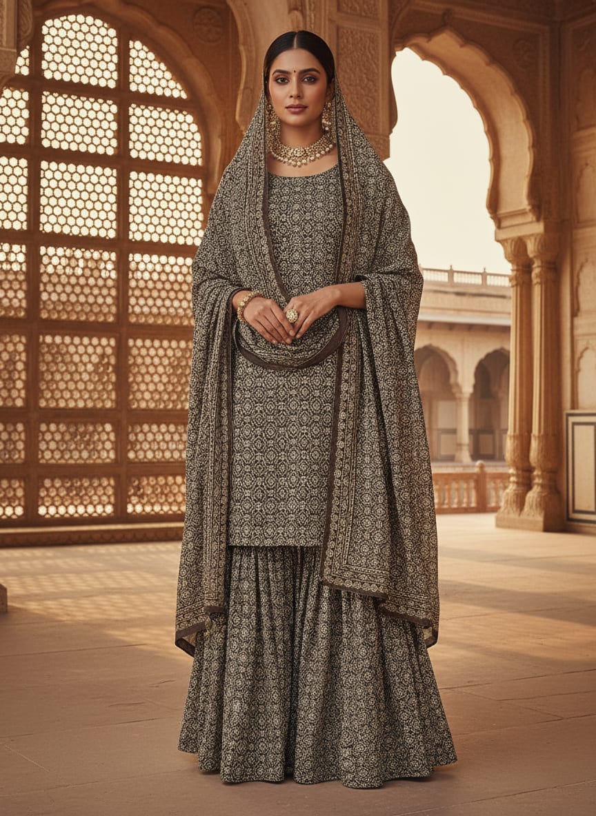 Brown Small Ethnic Geometric Motif Pure Georgette Digital Printed Fabric