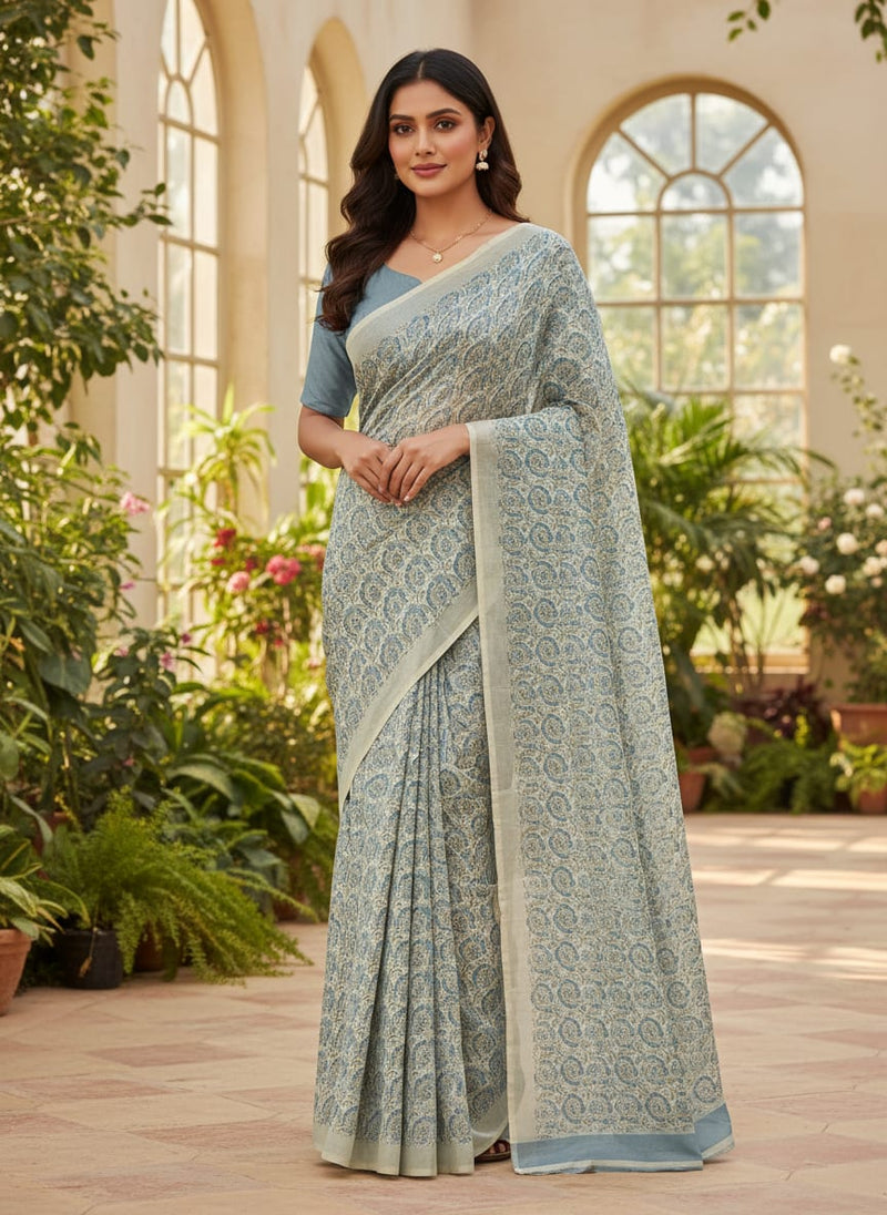 Innovative Art Of Leaves Digital Printed Fabric - Kora Silk