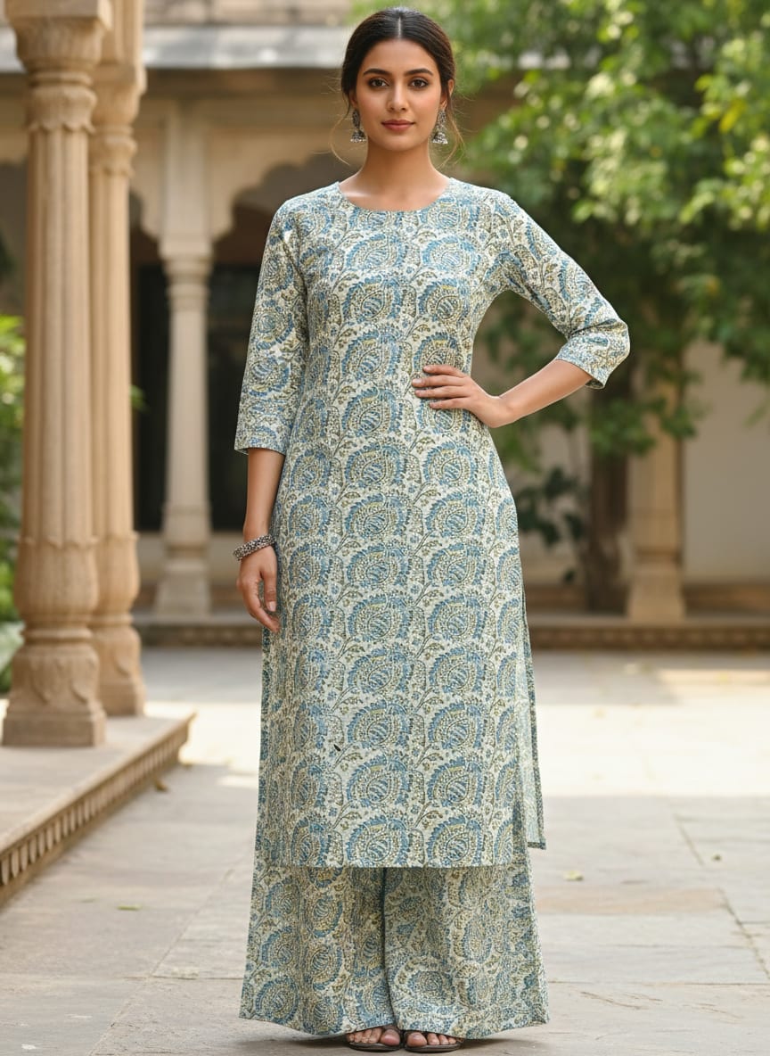 Blue Ethnic Paisley Print Pure Cotton Digital Printed Fabric