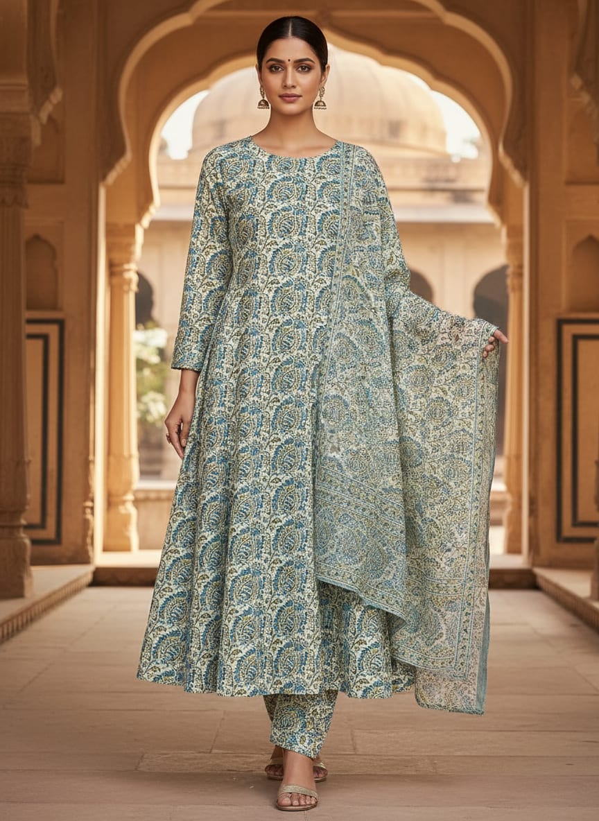 Blue Ethnic Paisley Print Pure Cotton Digital Printed Fabric