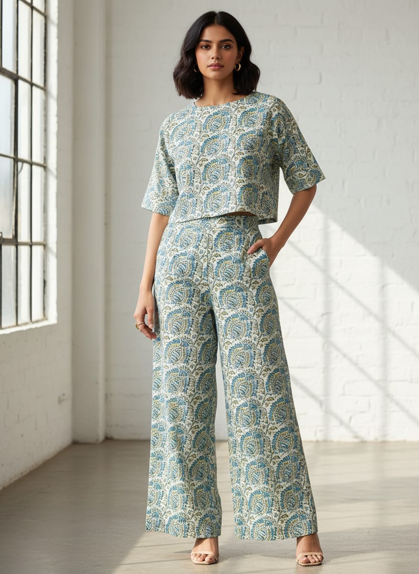 Blue Ethnic Paisley Print Pure Cotton Digital Printed Fabric