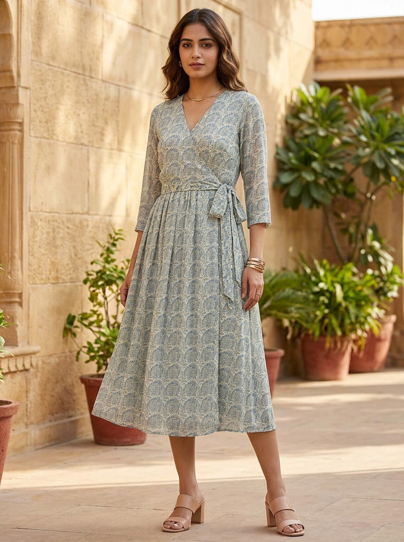 Blue Vintage Paisley Pattern Pure Georgette Digital Printed Fabric