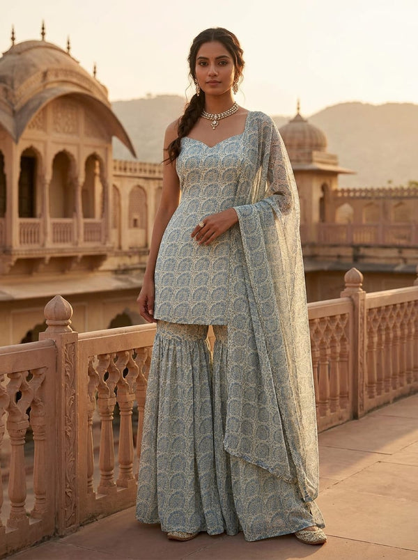 Blue Vintage Paisley Pattern Pure Georgette Digital Printed Fabric - Sharara Set Lookbook - PG-0-MA03540-110 - alternate view