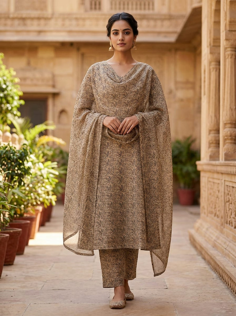 Cream Intricate Ethnic Botanical Jaal Kora Silk Digital Printed Fabric