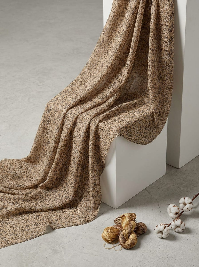 Cream Intricate Ethnic Botanical Jaal Kora Silk Digital Printed Fabric