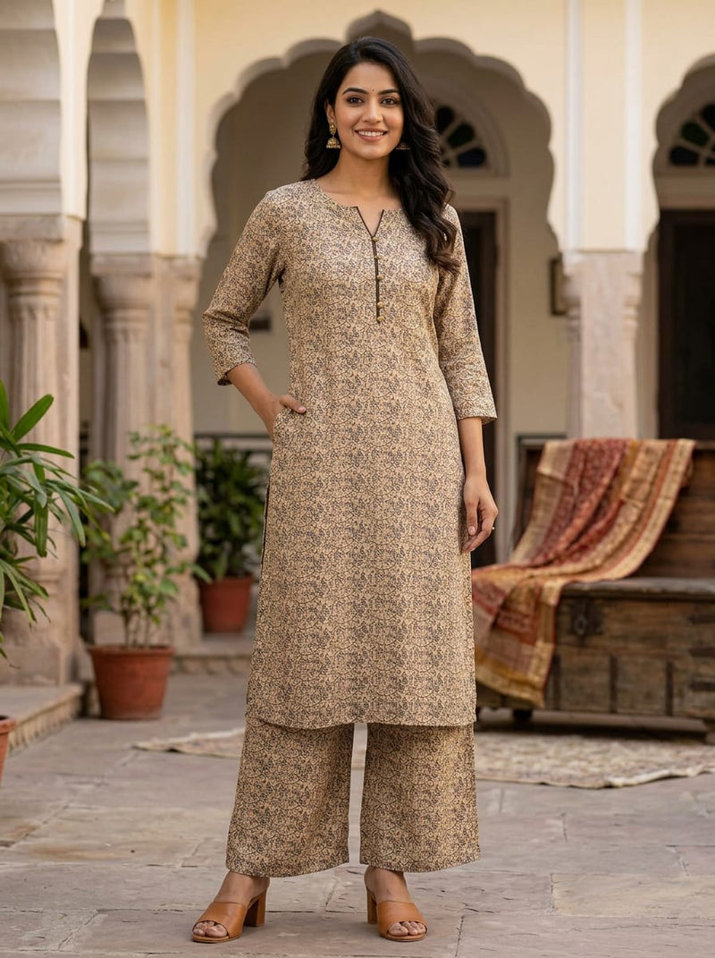 Cream Intricate Ethnic Botanical Pattern Rayon Digital Printed Fabric