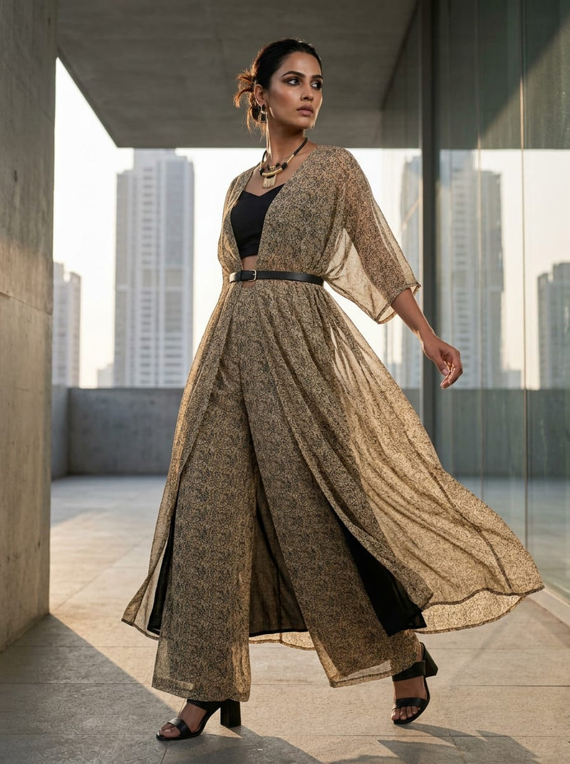 Brown Intricate Ethnic Floral Pattern Pure Georgette Digital Printed Fabric