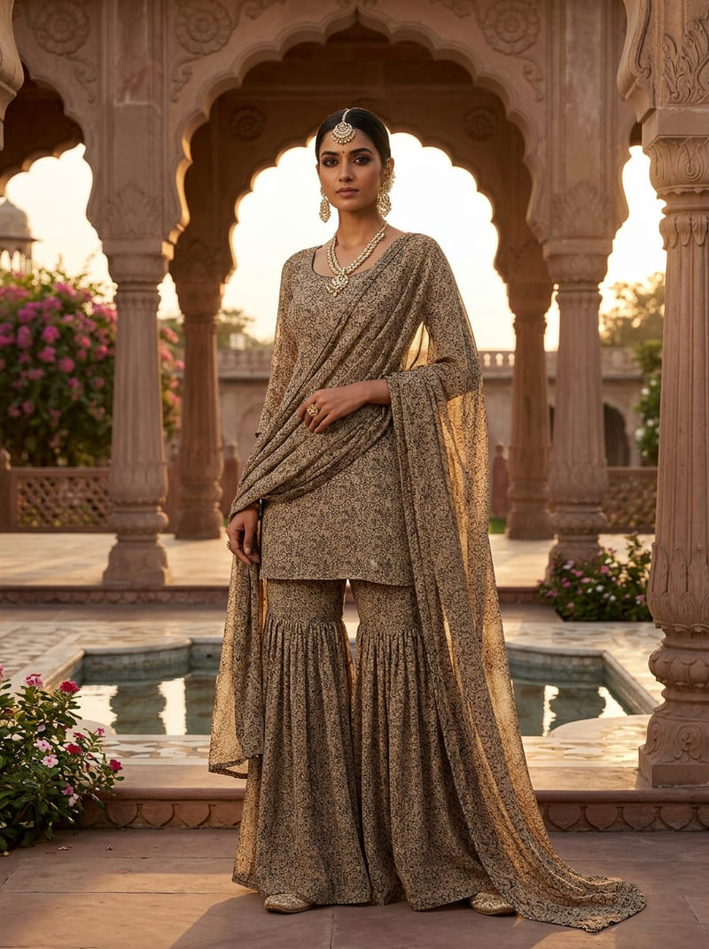 Brown Intricate Ethnic Floral Pattern Pure Georgette Digital Printed Fabric