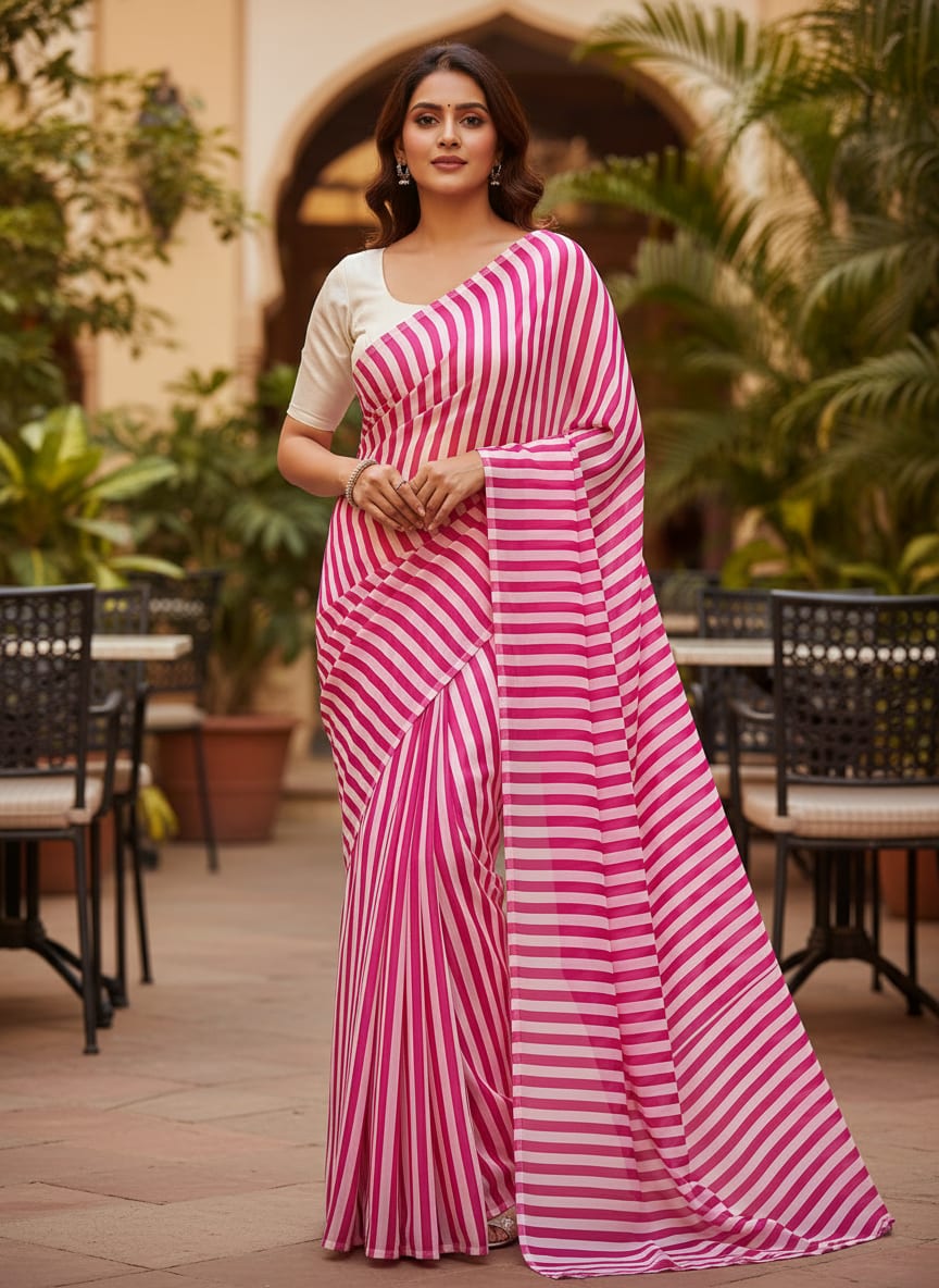 Pink Vibrant Pink and White Stripes Pure Georgette Digital Printed Fabric