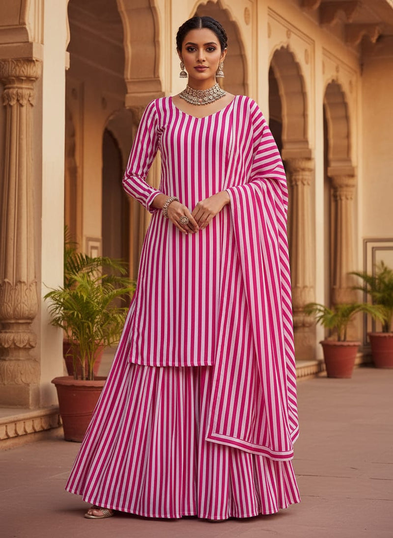 Multi Roman Strips Digital Printed Fabric - Pure Georgette