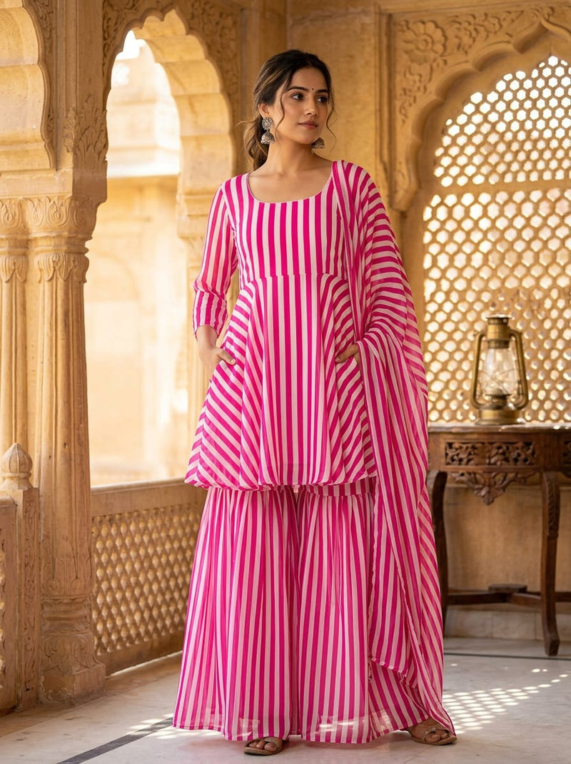 Pink Vibrant Pink and White Stripes Pure Georgette Digital Printed Fabric