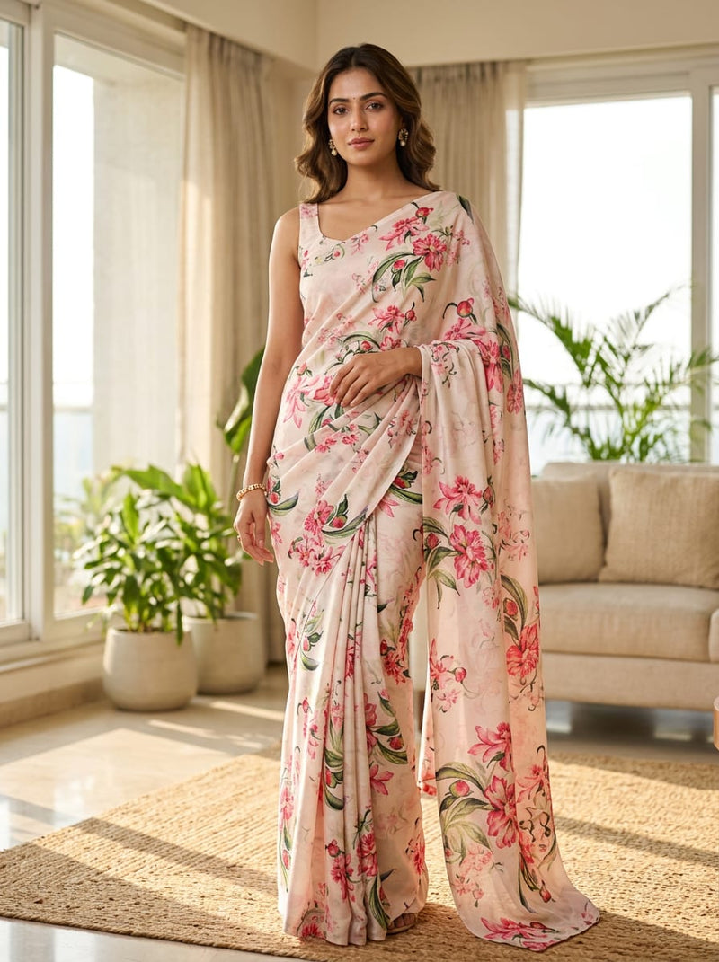 Pink Painterly Peony Floral Silk Crepe Digital Printed Fabric