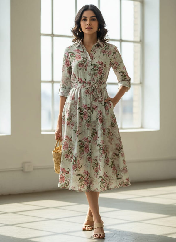Cream Vintage Floral Bouquet Pure Cotton Digital Printed Fabric - Shirt Dress Lookbook - PCO-0-MA08529-108 - alternate view