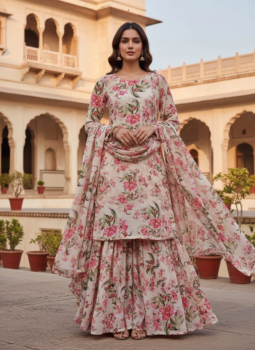 Pink Peony Floral Pure Georgette Digital Printed Fabric