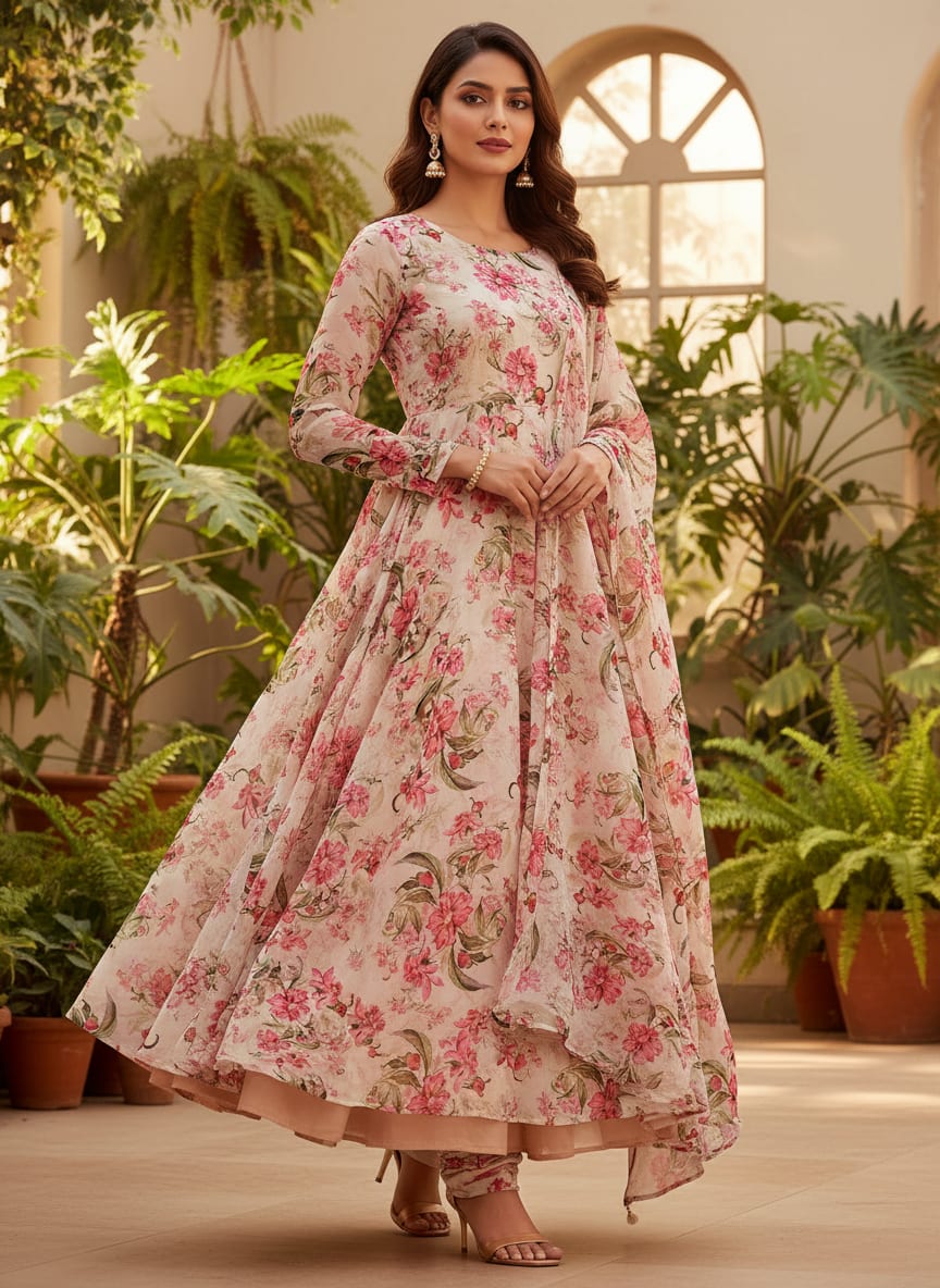 Pink Peony Floral Pure Georgette Digital Printed Fabric