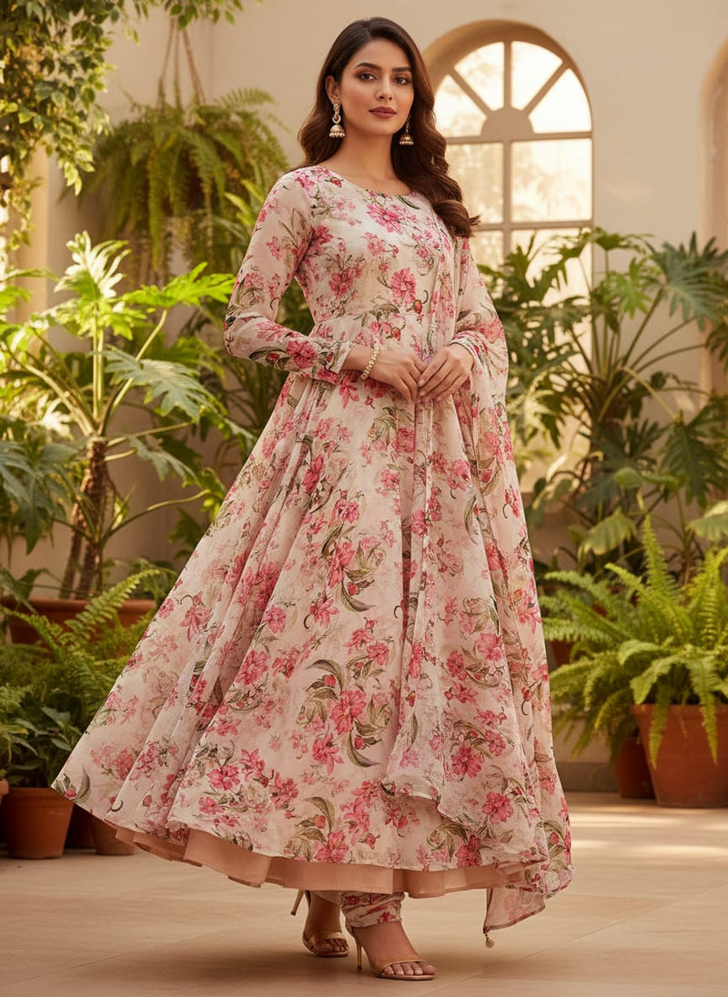 Pink Peony Floral Pure Georgette Digital Printed Fabric