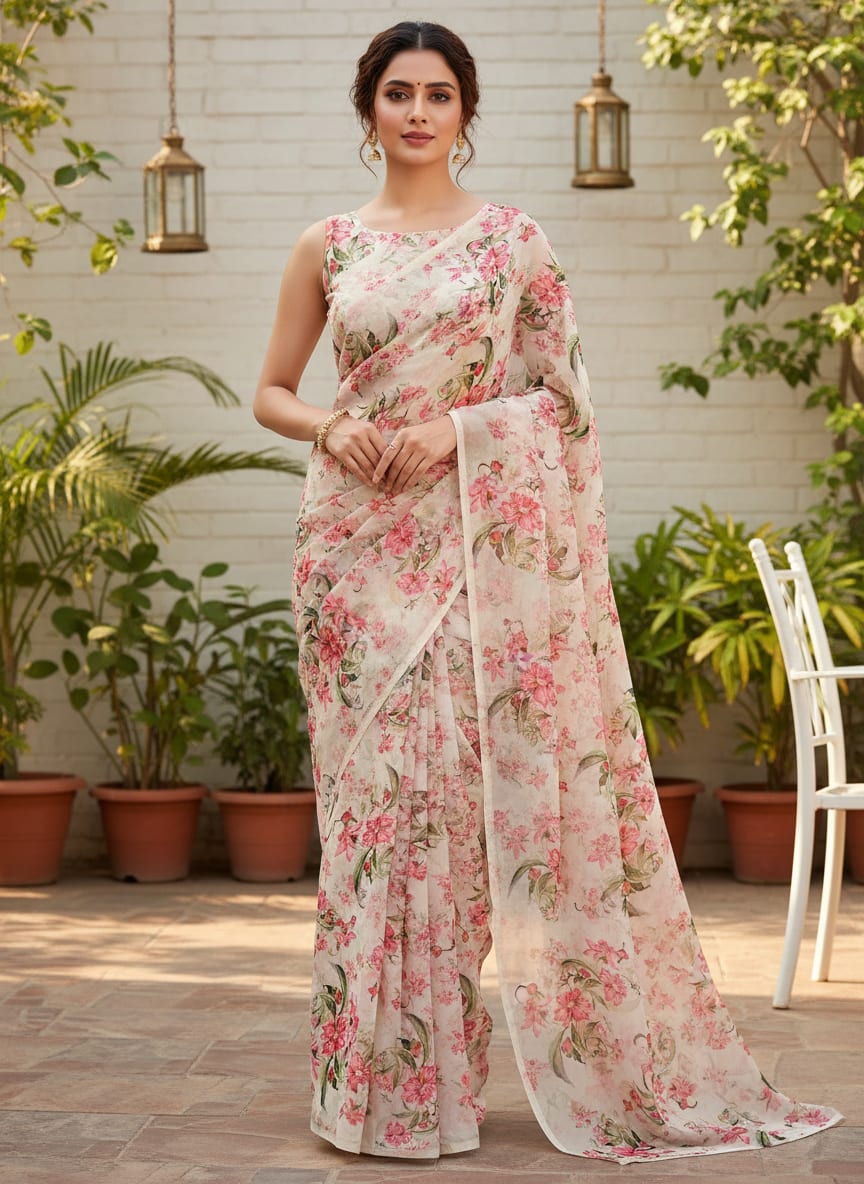 Pink Peony Floral Pure Georgette Digital Printed Fabric