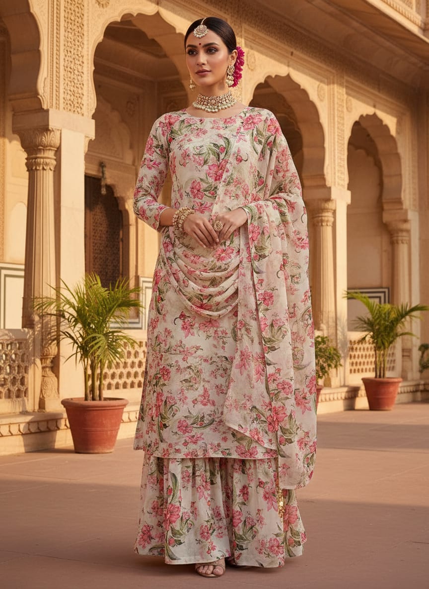 Pink Peony Floral Pure Georgette Digital Printed Fabric