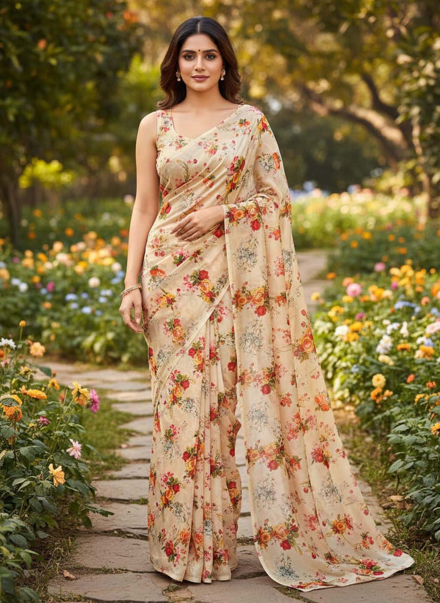 Multicolour Red And Yellow Roses Digital Printed Fabric - Silk Crepe