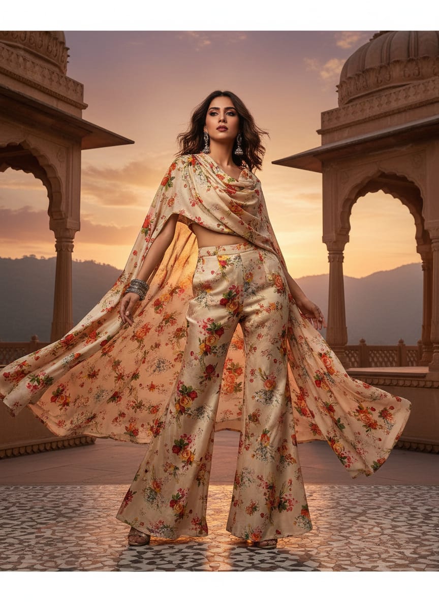 Multicolor Classic Rose Bouquet Floral Silk Crepe Digital Printed Fabric