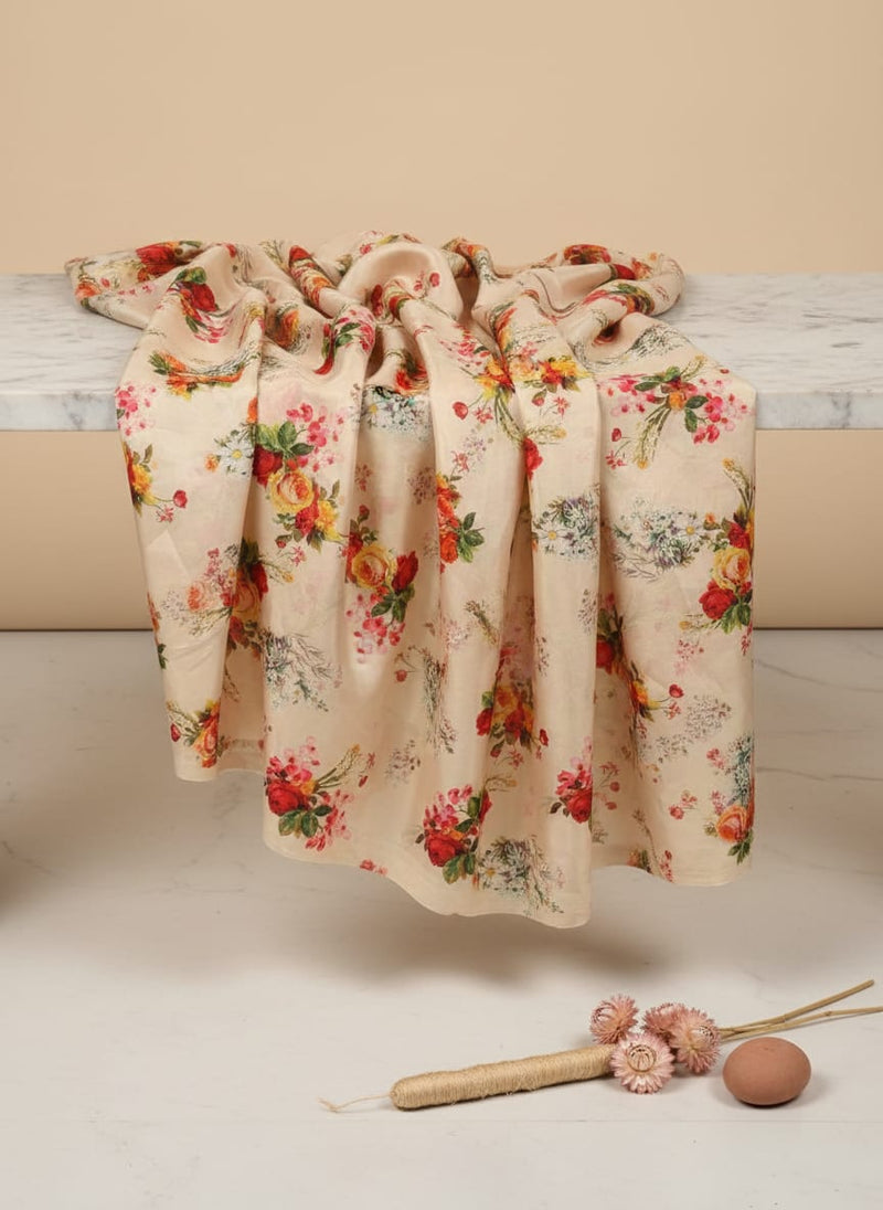 Multicolour Red And Yellow Roses Digital Printed Fabric - Silk Crepe