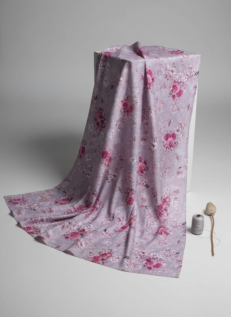 Purple Romantic Rose Floral Silk Crepe Digital Printed Fabric