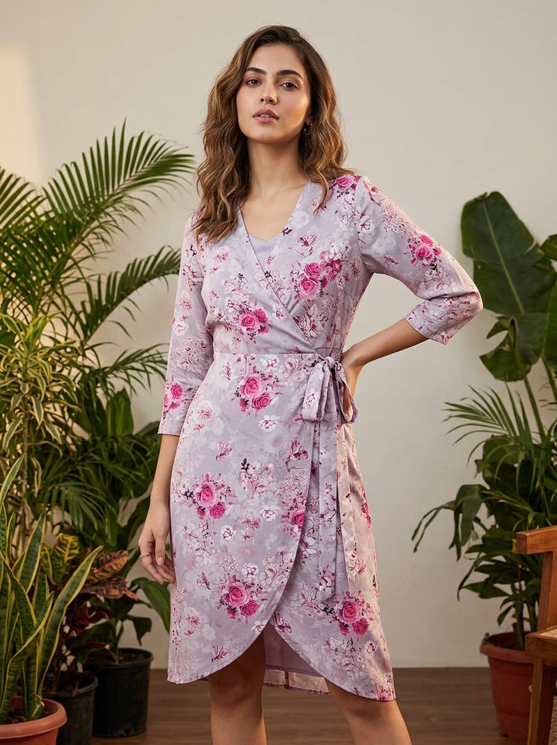 Purple Romantic Rose Floral Silk Crepe Digital Printed Fabric