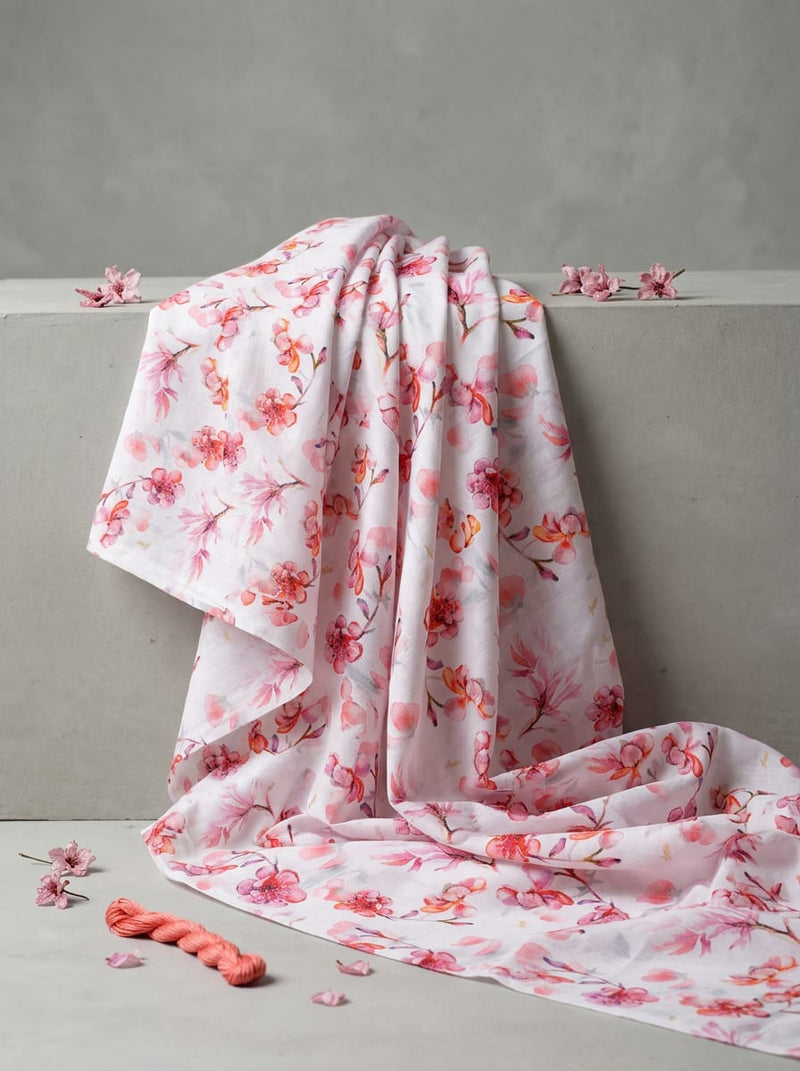 Pink Watercolor Cherry Blossom Floral Pure Cotton Digital Printed Fabric