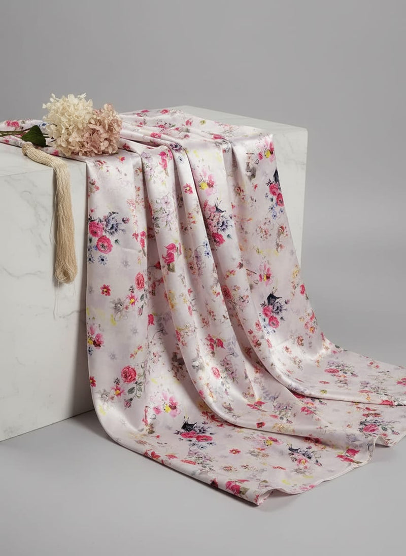 Beautifull Red And Pink Camellia Rose Of Branch Digital Printed Fabric - Japan Satin