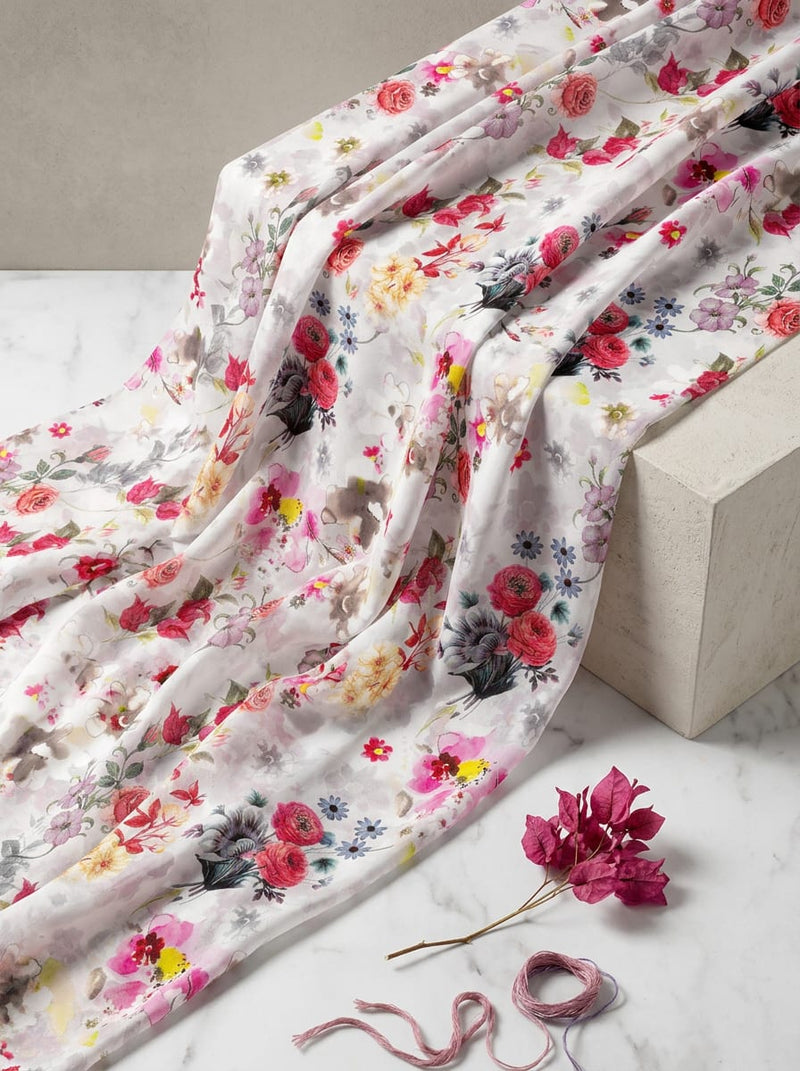 Multicolor Watercolour Floral Bouquet Weightless Digital Printed Fabric